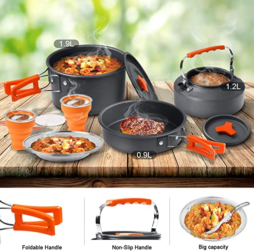 aiGear Juego de utensilios de cocina para campamento, kit de desorden con  bolsa de almacenamiento, sartén y tetera, accesorios de campamento para