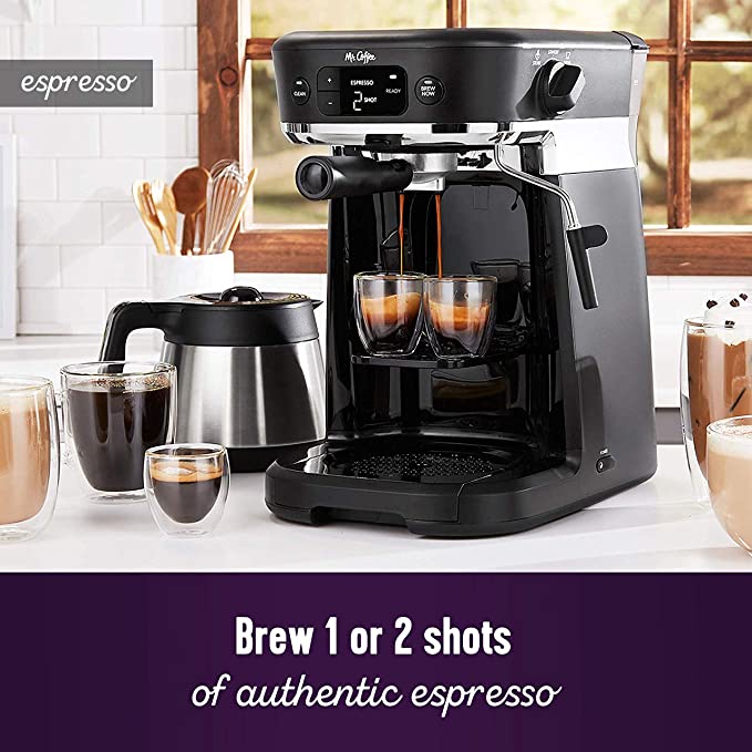 Mr. Coffee - Máquina de espresso y capuchino, cafetera de servicio  individual con jarra espumadora de leche y varilla de vapor, 20 onzas,  acero