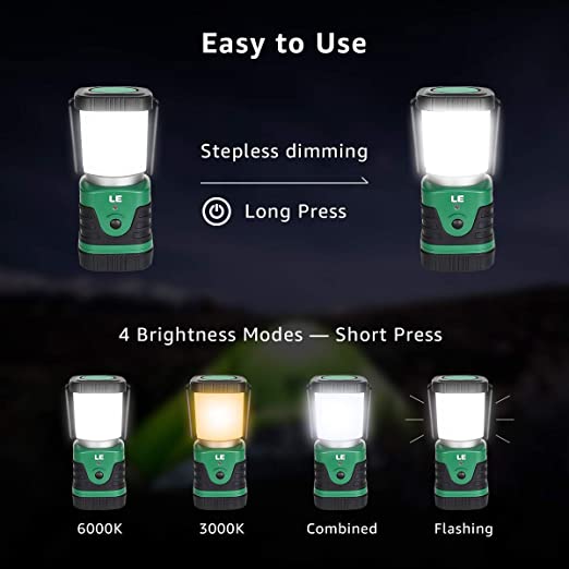 LE - Linterna LED de campamento recargable, 1000 lm, 4 modos de luz,  batería de 4400 mAh, impermeable IP44, linterna perfecta para emergencia de