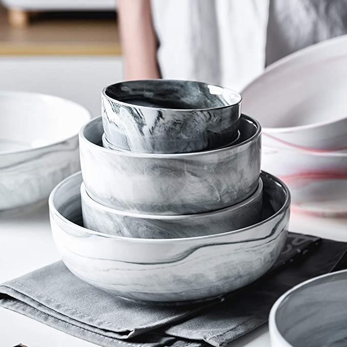 Yundu Tazones de porcelana de mármol gris, 56 onzas, cereales, pasta,  grandes, cuencos para sopa, microondas y lavavajillas para cocina, juego de  3
