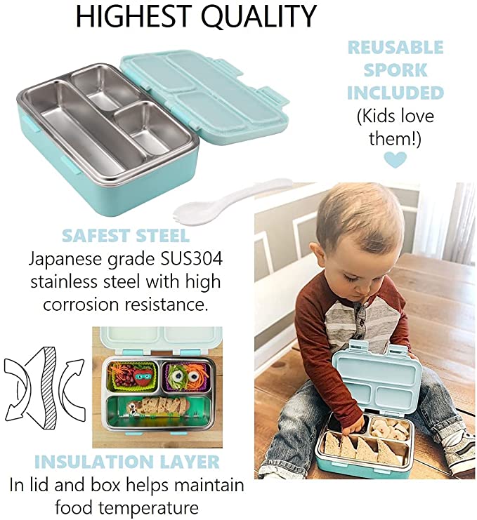 Bento Box de acero inoxidable Fiambrera infantil a prueba de fugas sin BPA  2 compartimentos