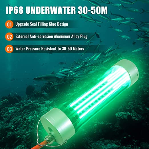 HUSUKU LED Underwater Fishing Light, 10000~80000lm 100W / 300W / 400W /  800W, 12V / 110V / 220V Green Night Fishing Attractor IP68 Submersible Lamp  for Crappie Snook Squid Shrimp, 49ft/33ft/16ft Wire