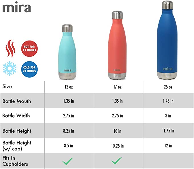 MIRA Botella de agua de acero inoxidable para niños, 12 onzas – Termo de  metal que mantiene el frío durante 24 horas, caliente durante 12 horas –