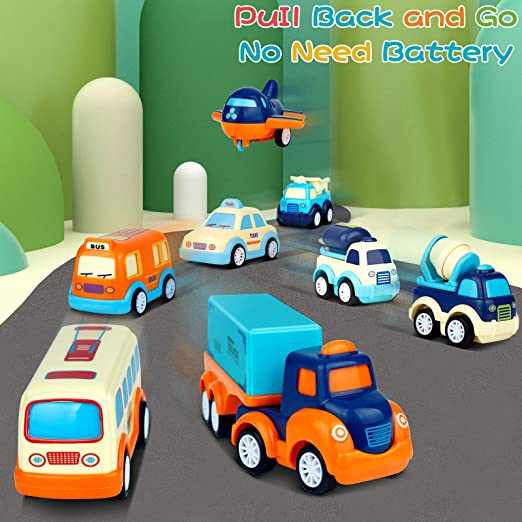 9 piezas de juguetes de autos para niños de 2, 3, 4, 5 años, camión grande  con 8 autos pequeños de dibujos animados, vehículos surtidos coloridos