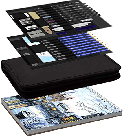 Prina Paquete de 50 kits de bocetos de dibujo, suministros de bocetos de  arte profesional con cuaderno de bocetos de 3 colores, grafito y lápices de