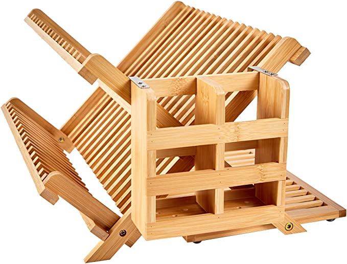 Escurridor de platos de bambú, escurridor de platos de madera plegable  grande de 3 niveles con soporte para utensilios y escurridor de platos