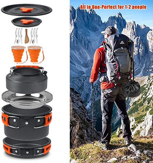 aiGear Juego de utensilios de cocina para campamento, kit de desorden con  bolsa de almacenamiento, sartén y tetera, accesorios de campamento para