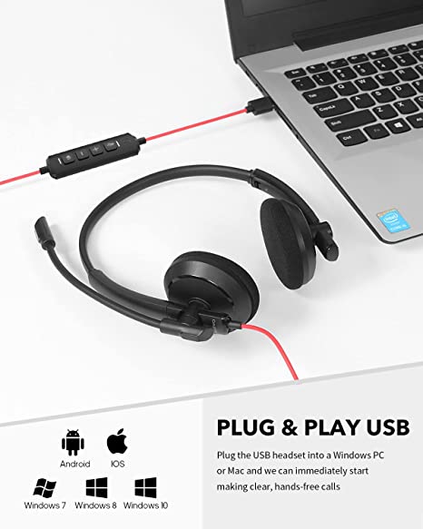 NUBWO HW03 - Auriculares USB con micrófono de cancelación de ruido para PC, controles  en línea, auriculares ligeros con cable para PC, Mac, laptop en casa,  oficina, aula, chat, clase en línea