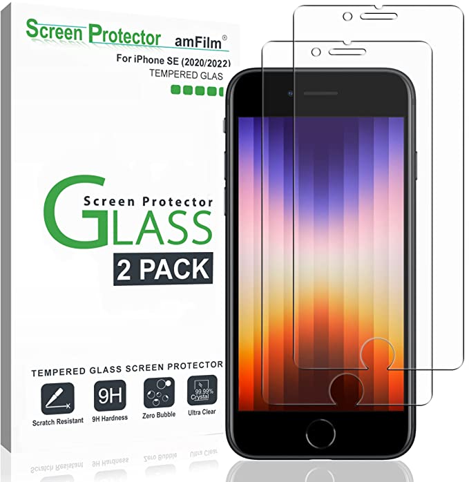 amFilm Protector de pantalla de vidrio templado compatible con iPhone SE 2  (2020 2º) / SE 3 (2022 3ª) generación, iPhone 8, 7, 6S, 6 (2 unidades de  4.7 pulgadas) sin halo de cristal