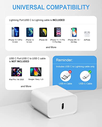 Cargador de iPhone [certificado Apple MFi] Cargador de pared USB C de carga  rápida 20 W PD adaptador con cable Lightning de 6 pies tipo C a cable