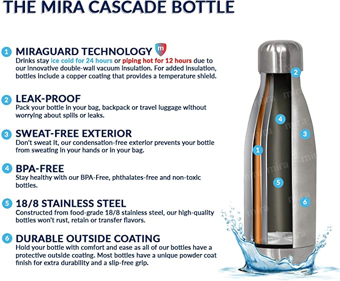MIRA Botella de agua de acero inoxidable para niños, 12 onzas – Termo de  metal que mantiene el frío durante 24 horas, caliente durante 12 horas –