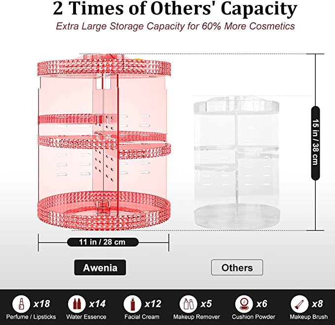 Awenia Organizador de maquillaje giratorio de 360 grados, tamaño grande,  almacenamiento de maquillaje ajustable, unidad de almacenamiento de