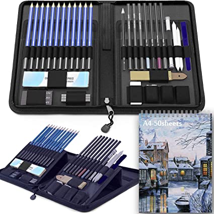 Drawdart Art Supplies - Juego de lápices de dibujo, 76 unidades, kit de  dibujo profesional con cuaderno de bocetos y bloc de acuarela, incluye