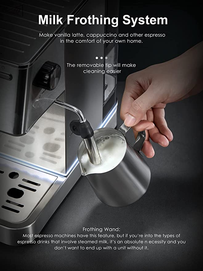  Mecity Máquina de café espresso de 20 bares, cafetera  profesional de capuchino con espumador de leche, máquina de café de acero  inoxidable cepillado, depósito de agua extraíble de 37 onzas, 1350