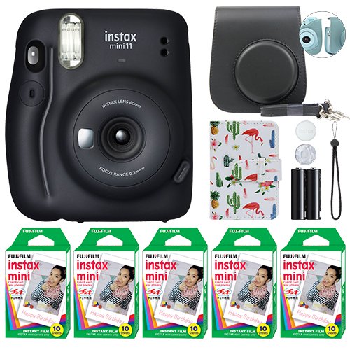 Fujifilm Instax Mini 11 - Álbum de fotos para cámara instantánea (50  hojas), color rosa rubor + funda personalizada + película Fuji Instax (50  hojas)